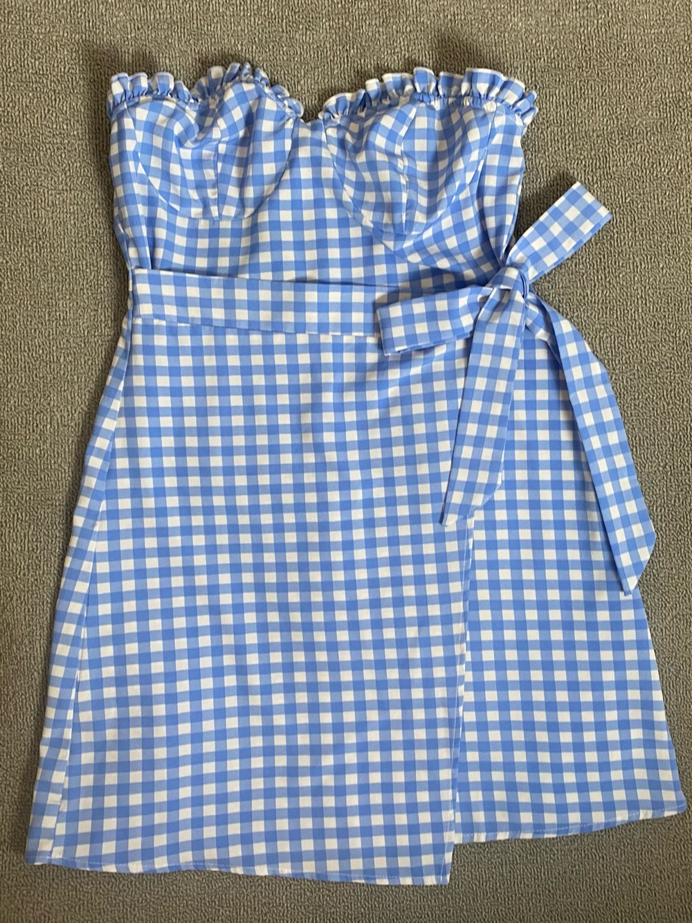 SHEIN Blue & White Gingham Strapless Summer Dress with Tie Waist- Beach Coastal